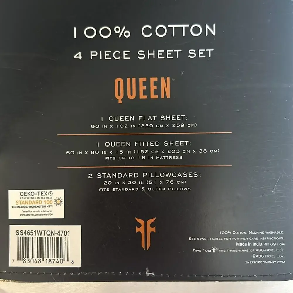 Frye Queen Sheet 4 Pc Set Flat Fitted Pillowcase White 100% Cotton Brand New